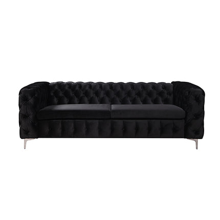 3 Seater Sofa Classic Button Tufted Lounge in Black Velvet Fabric with Metal Legs