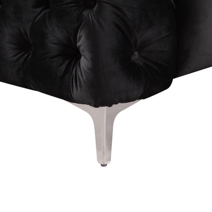 3 Seater Sofa Classic Button Tufted Lounge in Black Velvet Fabric with Metal Legs