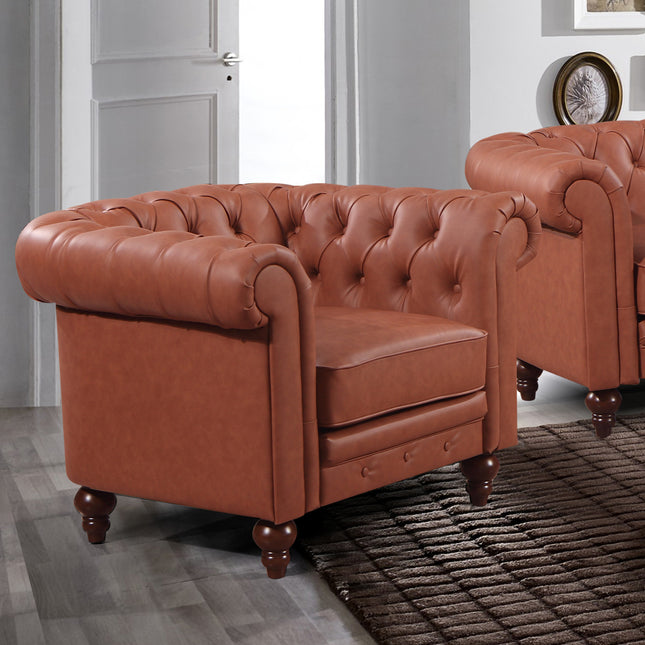 Single Seater Brown Sofa Armchair for Lounge Chesterfireld Style Button Tufted in Faux Leather