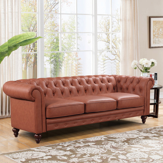 3 Seater Brown Sofa Lounge Chesterfireld Style Button Tufted in Faux Leather