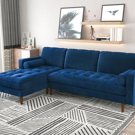 Velvet Upholstery 2 Seater Tufted Sofa Blue Color Lounge Set for Living Room Couch with Chaise