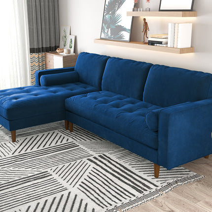 Velvet Upholstery 2 Seater Tufted Sofa Blue Color Lounge Set for Living Room Couch with Chaise