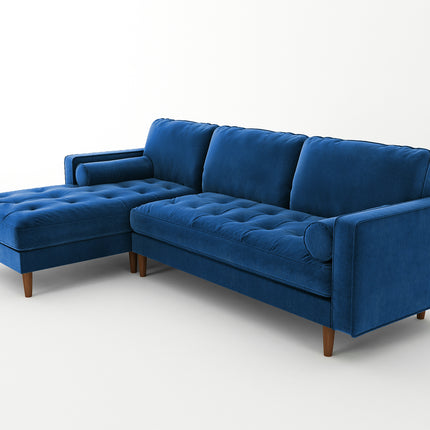 Velvet Upholstery 2 Seater Tufted Sofa Blue Color Lounge Set for Living Room Couch with Chaise