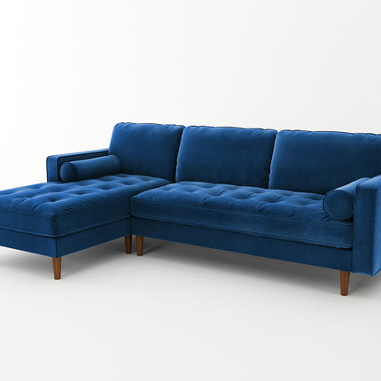 Velvet Upholstery 2 Seater Tufted Sofa Blue Color Lounge Set for Living Room Couch with Chaise