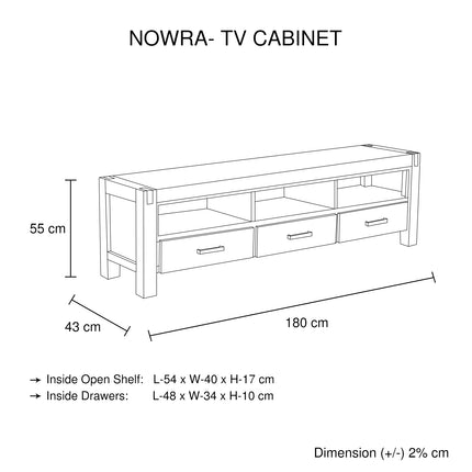 TV Cabinet with 3 Storage Drawers with Shelf Solid Acacia Wooden Frame Entertainment Unit in Chocolate Colour