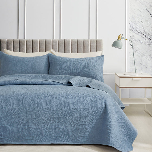 Lisbon Quilted 3 Pieces Embossed Coverlet Set-queen/double blue