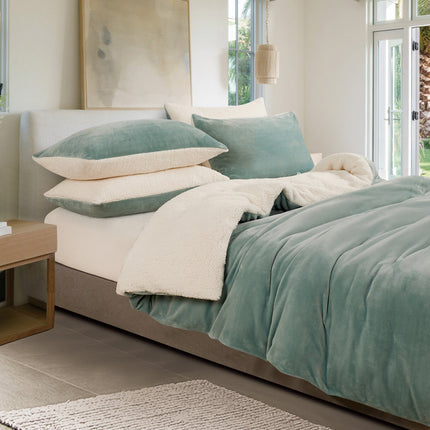 2 in 1 Teddy Sherpa  Quilt Cover Set and Blanket queen size sage green