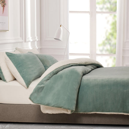 2 in 1 Teddy Sherpa  Quilt Cover Set and Blanket queen size sage green