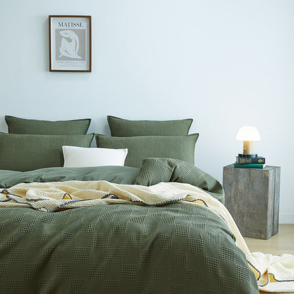 100% Cotton checkered waffle quilt cover set queen size -Khaki green