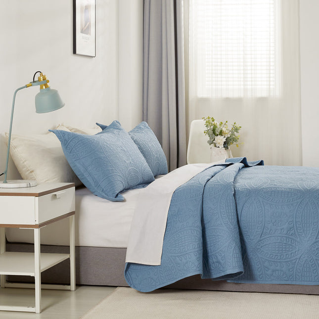 Lisbon Quilted 3 Pieces Embossed Coverlet Set-queen/king blue