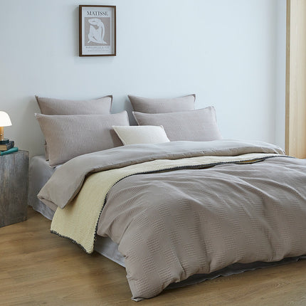 100% Cotton checkered waffle quilt cover set king size -Natural