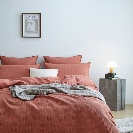 100% Cotton checkered waffle quilt cover set king size -Terracotta