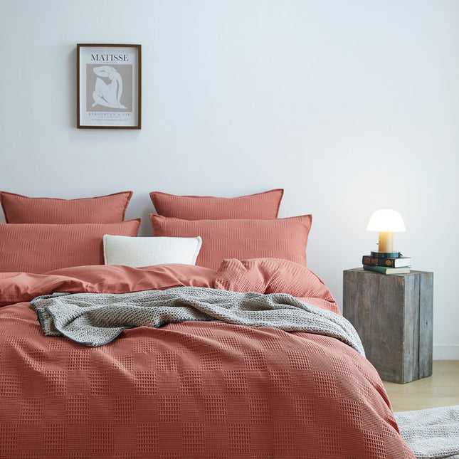 100% Cotton checkered waffle quilt cover set king size -Terracotta