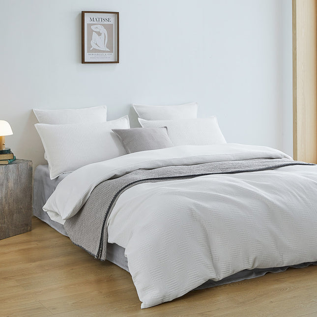 100% Cotton checkered waffle quilt cover set king size -White