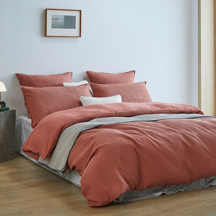 100% Cotton checkered waffle quilt cover set super king size -Terracotta