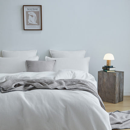 100% Cotton checkered waffle quilt cover set super king size -White