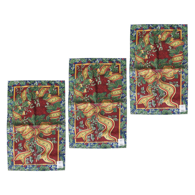Set of 3 Festival Ribbon Christmas 100% Linen Tea Towels 45 x 72 cm