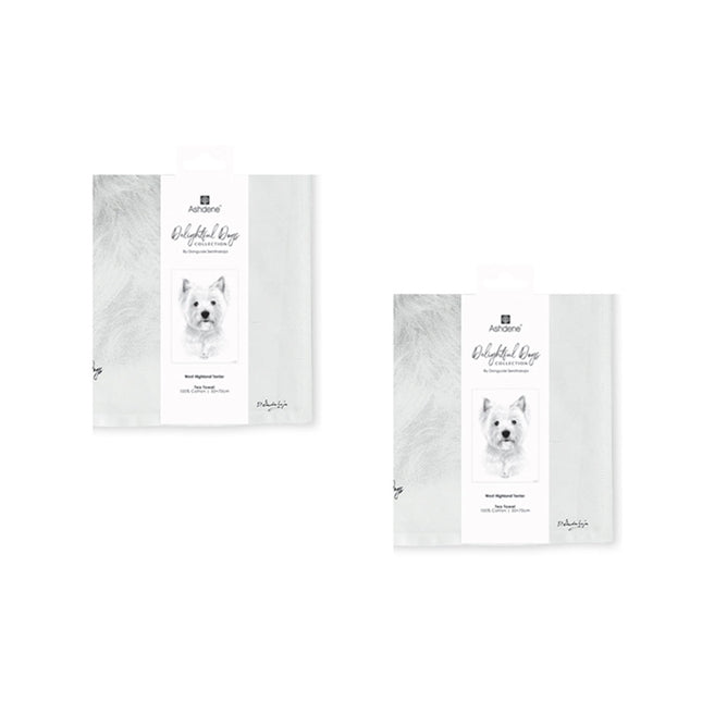 Set of 2 Delightful Dogs Cotton Kitchen Tea Towels 50 x 70 cm West Highland