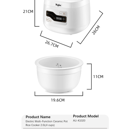 Kylin Electric Multi-Function 4 Cups Ceramic Pot Rice Cooker 2L White AU-K1020