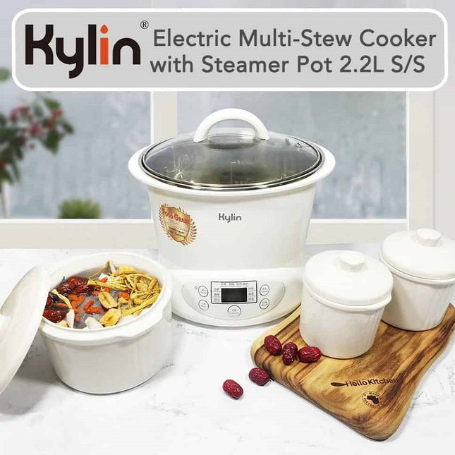Kylin Electric Slow Cooker Stainless Steel Ceramic Pot Steamer 2.2L With 3 Containers