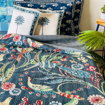 Blue Peacock Kantha/ Bedspread/ Coverlet