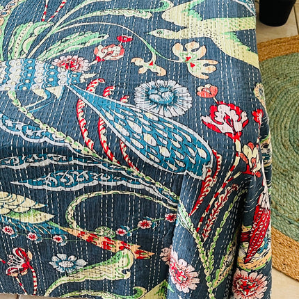Blue Peacock Kantha/ Bedspread/ Coverlet