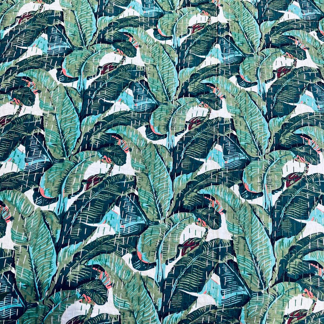 Cotton Kantha Quilt/Bedspread/Coverlet/Throw - Tropical Leaf Hand stitched Kantha