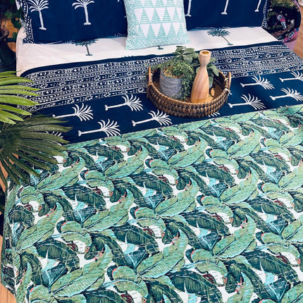 Cotton Kantha Quilt/Bedspread/Coverlet/Throw - Tropical Leaf Hand stitched Kantha