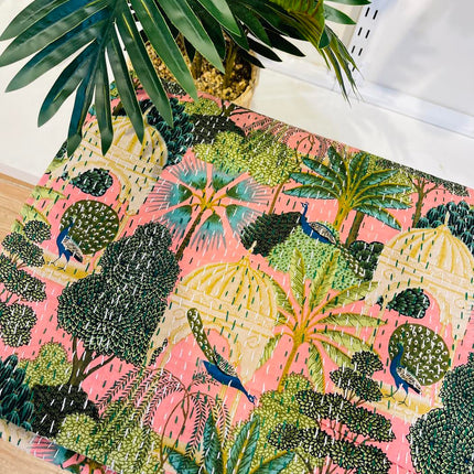 Cotton Kantha Quilt/Bedspread/Coverlet/Throw - Royal Pink Jaipuri Print Hand stitched Kantha