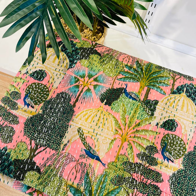 Cotton Kantha Quilt/Bedspread/Coverlet/Throw - Royal Pink Jaipuri Print Hand stitched Kantha