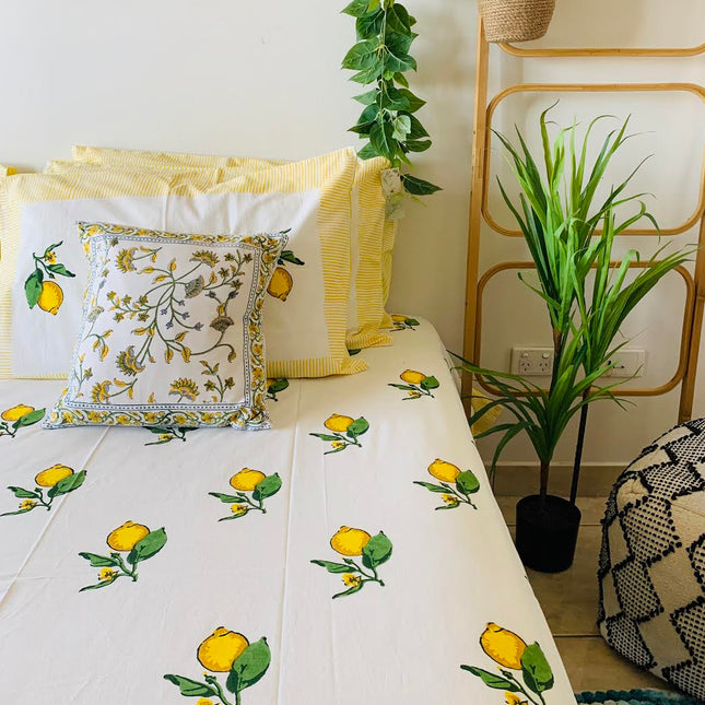 Cotton Bed sheet/Flat sheet - Lemon Hand block Printed Sheet (King size)