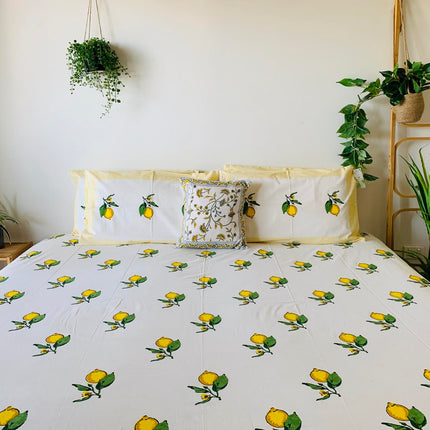 Cotton Bed sheet/Flat sheet - Lemon Hand block Printed Sheet (King size)