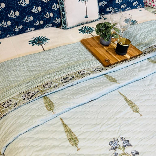 Cotton Filled Quilt/ Quilted Bedspread/ Coverlet/Blanket - Royal Light Blue Buta Hand block printed Quilt