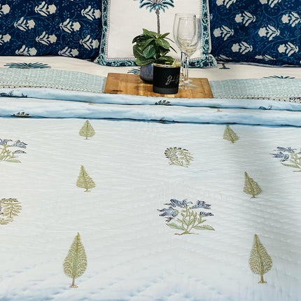 Cotton Filled Quilt/ Quilted Bedspread/ Coverlet/Blanket - Royal Light Blue Buta Hand block printed Quilt