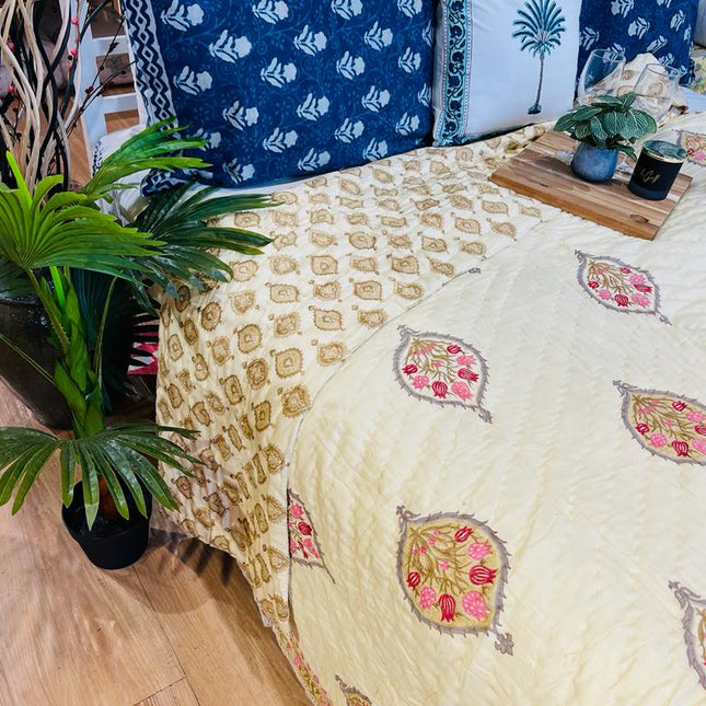 Cotton Filled Quilt/ Quilted Bedspread/ Coverlet/ Blanket - Royal light mustard Hand block printed Buta Quilt