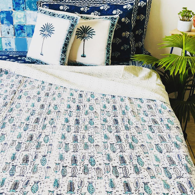 Cotton Kantha Quilt/ Bedspread/ Coverlet/Throw - Blue Fish Tropical Hand stitched Kantha Quilt