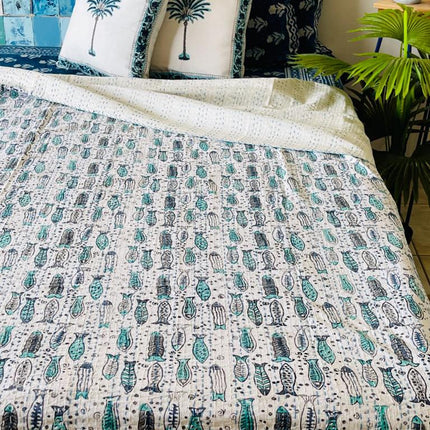 Cotton Kantha Quilt/ Bedspread/ Coverlet/Throw - Blue Fish Tropical Hand stitched Kantha Quilt