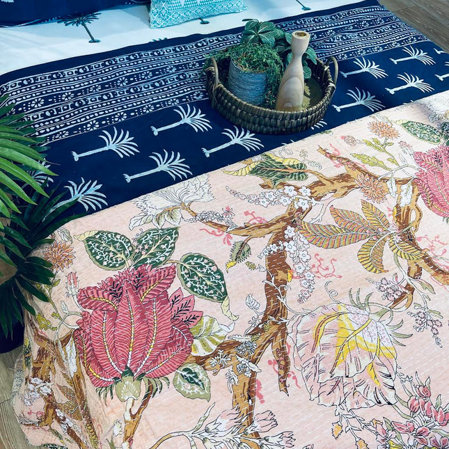 Cotton Kantha Quilt/Bedspread/Coverlet/Throw - Pastel Floral Hand stitched Kantha Quilt