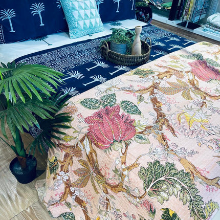 Cotton Kantha Quilt/Bedspread/Coverlet/Throw - Pastel Floral Hand stitched Kantha Quilt