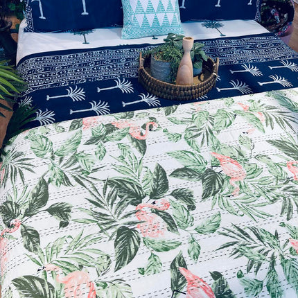 Cotton Kantha Quilt/Bedspread/Coverlet/Throw - Tropical Flamingo and leaves Hand stitched Kantha