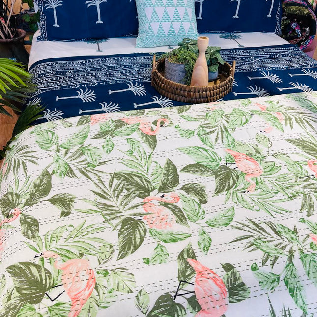 Cotton Kantha Quilt/Bedspread/Coverlet/Throw - Tropical Flamingo and leaves Hand stitched Kantha