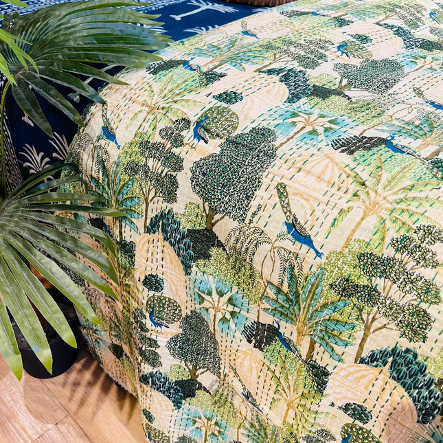 Cotton Kantha Quilt/Bedspread/Throw - Royal Jaipuri print Hand stitched Kantha