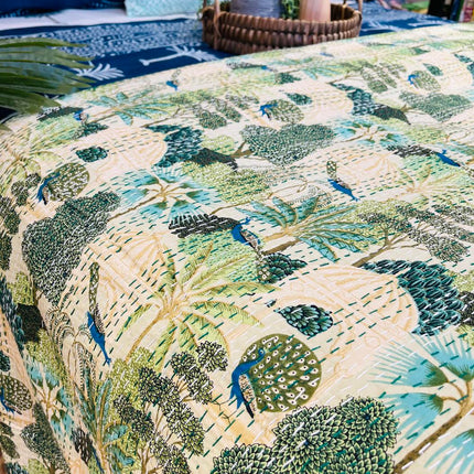 Cotton Kantha Quilt/Bedspread/Throw - Royal Jaipuri print Hand stitched Kantha