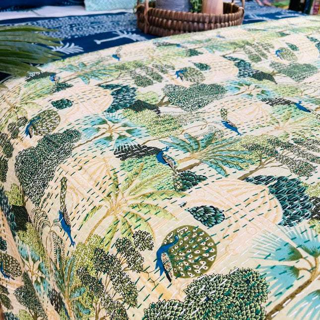 Cotton Kantha Quilt/Bedspread/Throw - Royal Jaipuri print Hand stitched Kantha
