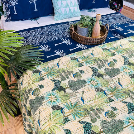 Cotton Kantha Quilt/Bedspread/Throw - Royal Jaipuri print Hand stitched Kantha