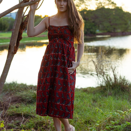 Cotton Midi Dress - Inayat Red Bird Strappy Fitted Midi Dress (Hand block print)