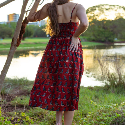 Cotton Midi Dress - Inayat Red Bird Strappy Fitted Midi Dress (Hand block print)