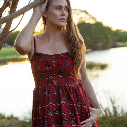 Cotton Midi Dress - Inayat Red Bird Strappy Fitted Midi Dress (Hand block print)