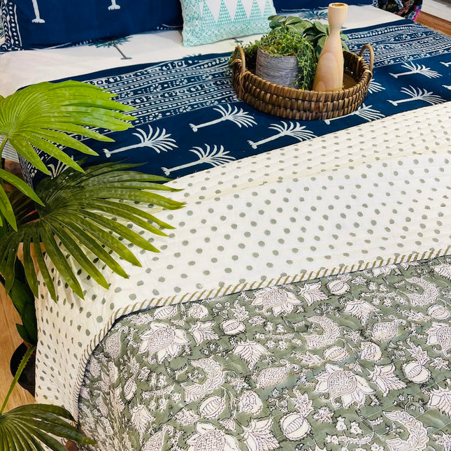 Cotton Bedcover/Bedspread/Quilt - Sage Floral Hand block printed Bedcover