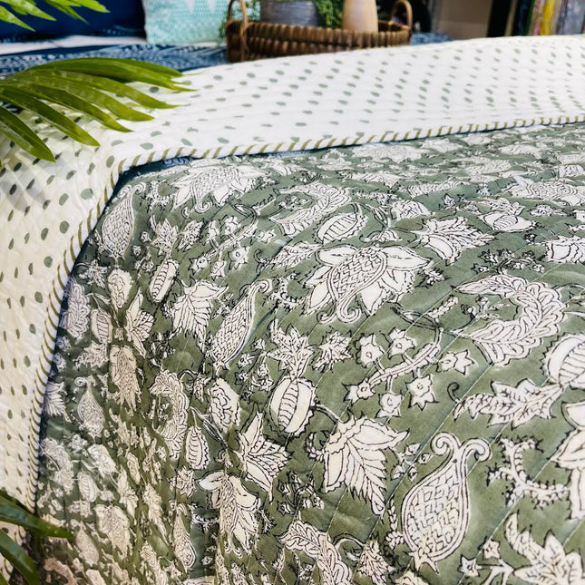 Cotton Bedcover/Bedspread/Quilt - Sage Floral Hand block printed Bedcover